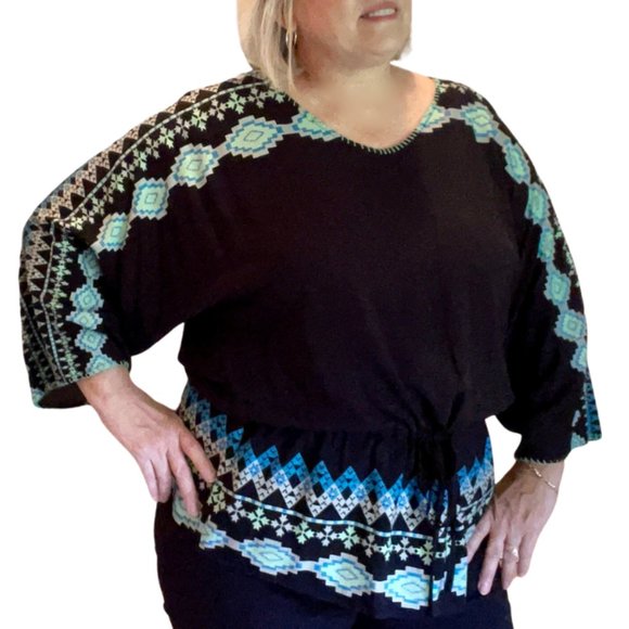 ONE WORLD Tops - One World, Boho 3/4 Sleeve Aztec Print Blouse, Size XL, like new